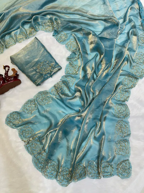 Blue_Shaded_Satin_Silk_Handwork_Saree
