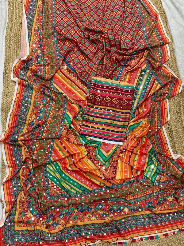 Orange_Ajarakh_Print_Mirror_Embroidered_Saree