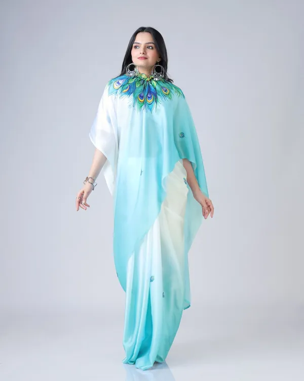 Teal_Trendy_Free-Hand_Peacock_Feather_Print_Saree