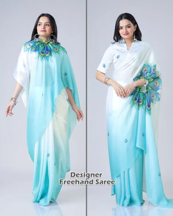 Teal_Trendy_Free-Hand_Peacock_Feather_Print_Saree