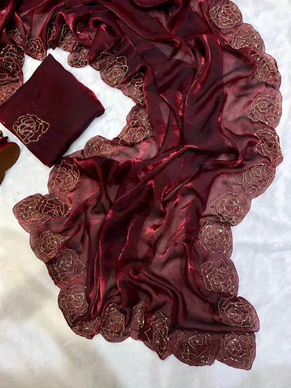 Maroon_shaded_satin_Silk_Handwork_Saree