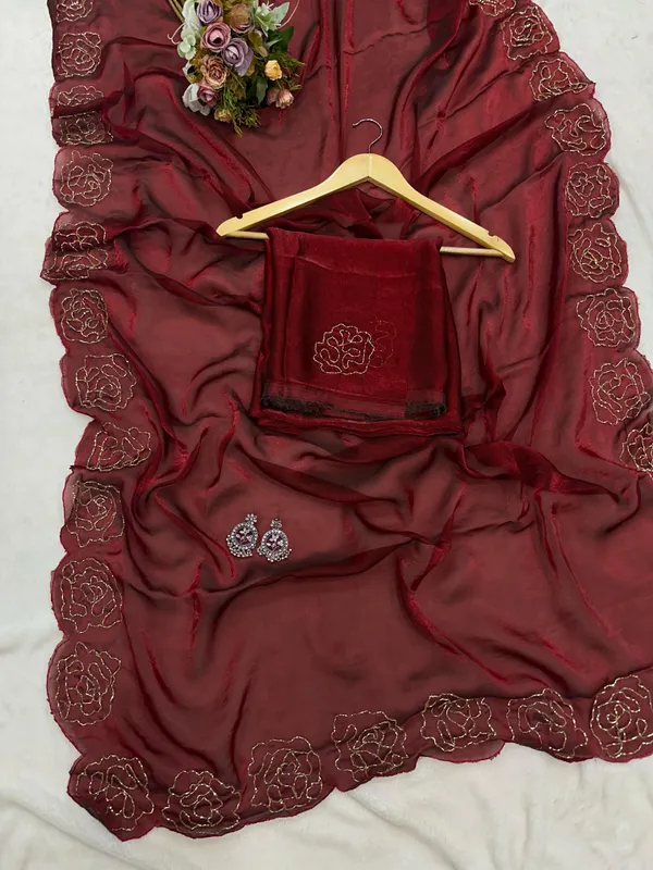 Maroon_shaded_satin_Silk_Handwork_Saree