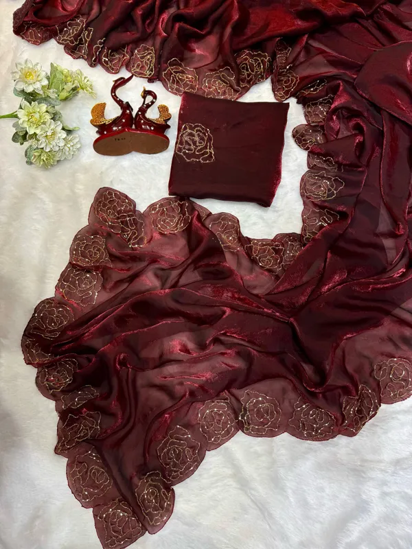 Maroon_shaded_satin_Silk_Handwork_Saree