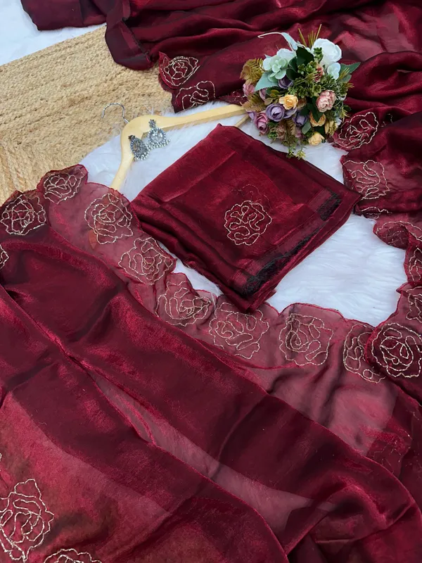 Maroon_shaded_satin_Silk_Handwork_Saree