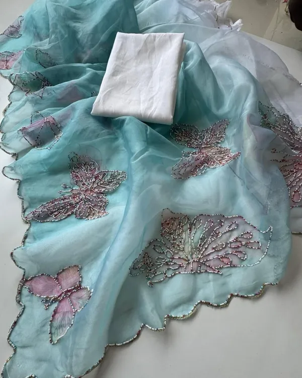 Blue_Shaded_Butterfly_Handwork_Organza_Saree