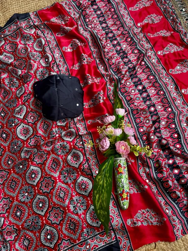Red_Ajarakh_Print_Mirror_Work_Saree