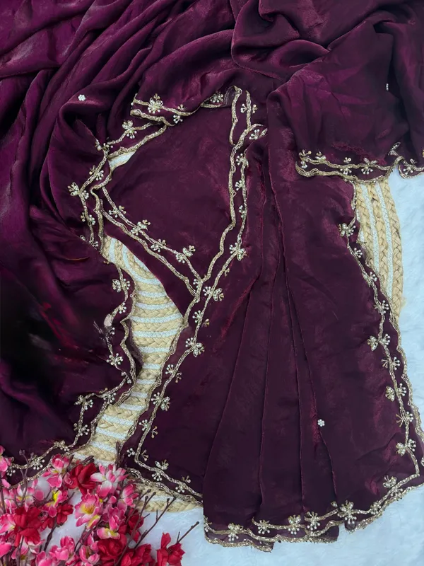 Wine_Shaded_Satin_Silk_Handwork_Saree