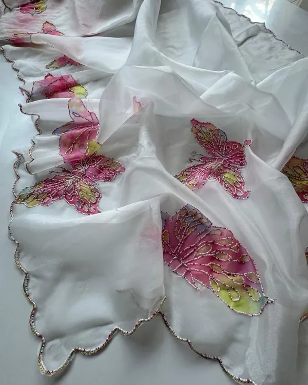 White_Butterfly_Handwork_Organza_Saree
