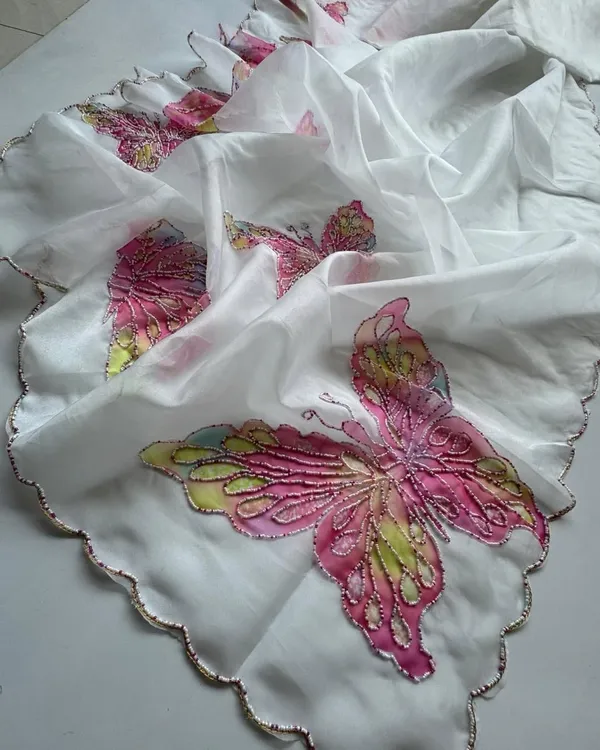 White_Butterfly_Handwork_Organza_Saree