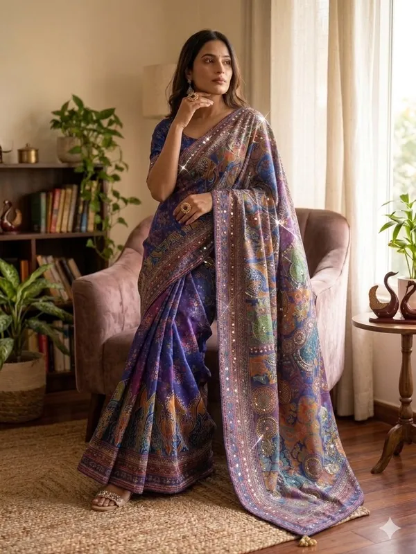 Blue_Ajarakh_Print_Mirror_Work_Saree