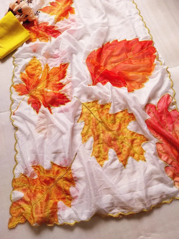 White_Leaf_Handwork_Designer_Saree