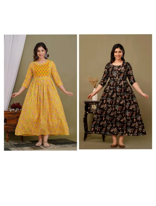 Black_fly_yellow_Cotton_Printed_Maternity_And_Feeding_Kurti_Combo_Of_2