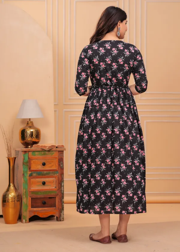 Black_pink_flower_Cotton_Maternity_And_Feeding_Gown