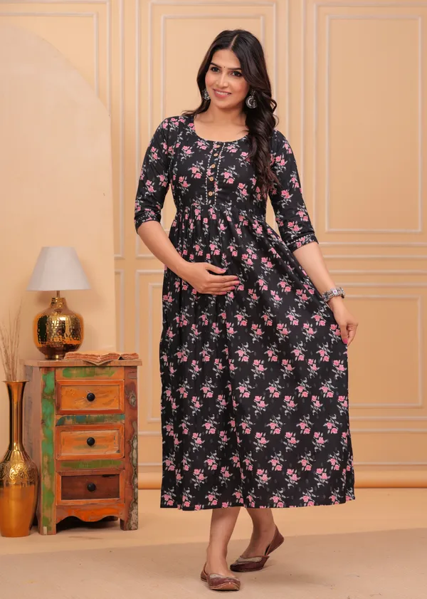 Black_pink_flower_Cotton_Maternity_And_Feeding_Gown