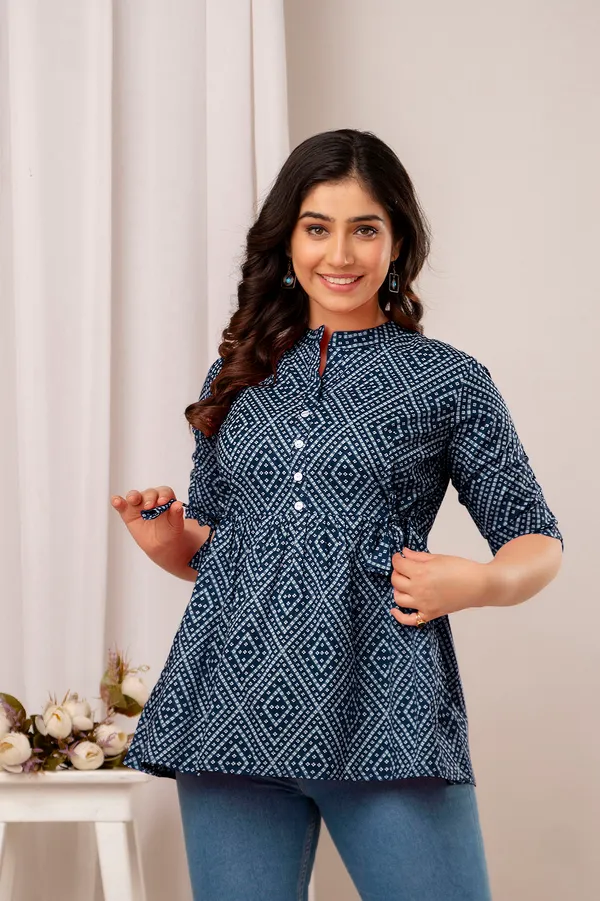 Blue_bhandej__Top_For_Women_Pure_Cotton_Casual