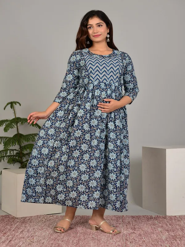 Blue_laher_flower_cotton_maternity_and_feeding_kurti