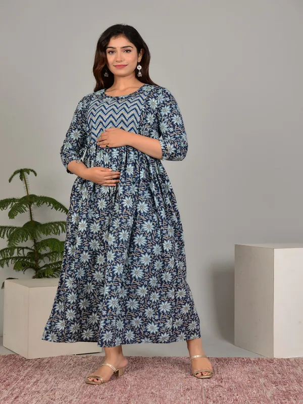 Blue_laher_flower_cotton_maternity_and_feeding_kurti