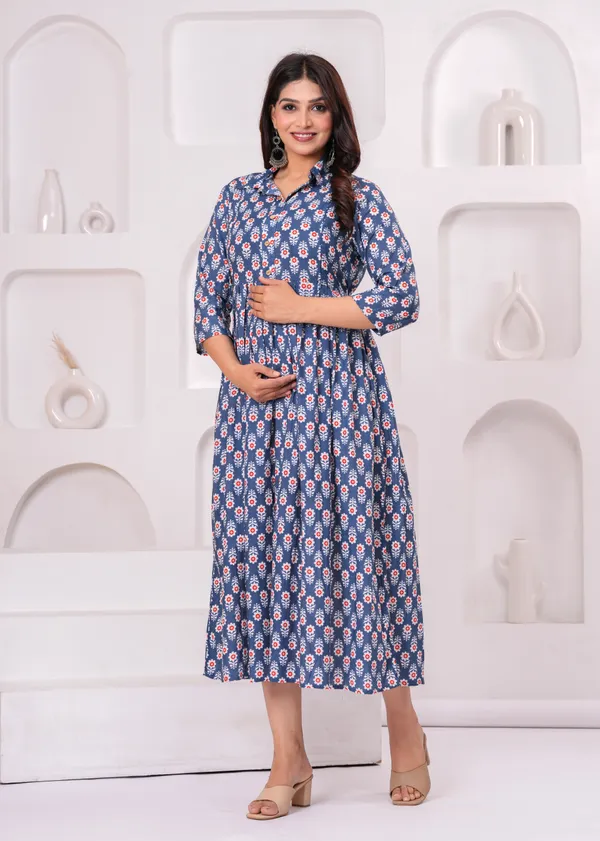 Blue_smooth_cotton_maternity_and_feeding_kurti