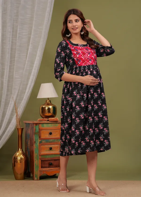 Burbun_black_Cotton_Maternity_And_Feeding_Kurti