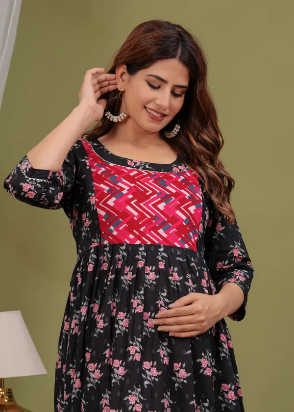 Burbun_black_Cotton_Maternity_And_Feeding_Kurti