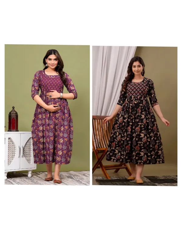 Burbun_check_cotton_maternity_and_feeding_kurti_Combo_Of_2