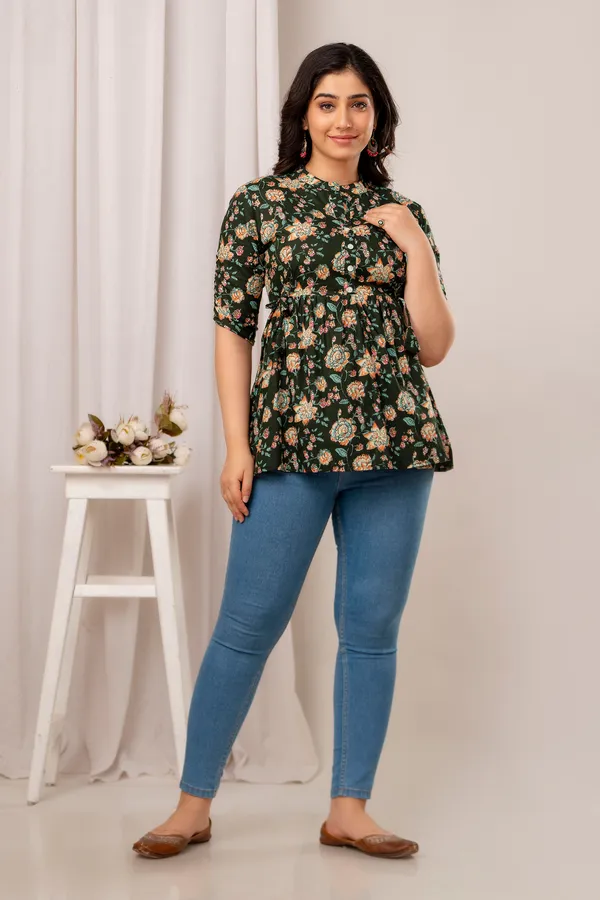 Dark_green_Cotton_Printed_Short_Top