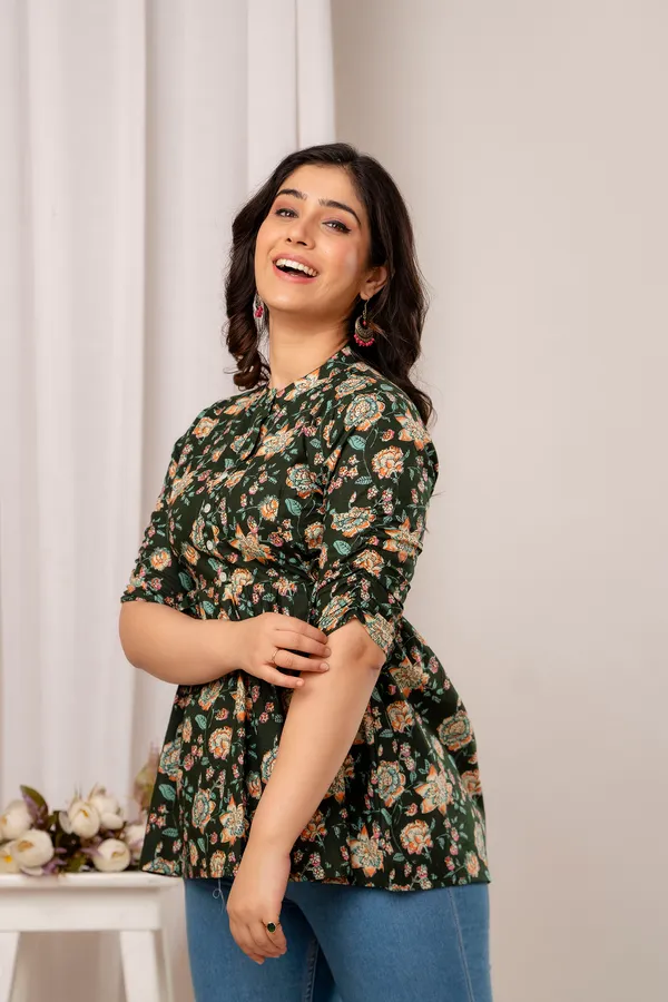 Dark_green_Cotton_Printed_Short_Top