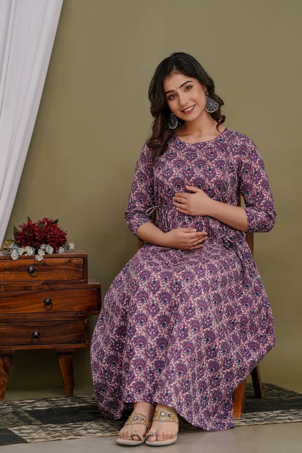 Multi_blue_leave_cotton_maternity_and_feeding_kurti_Combo_Of_2