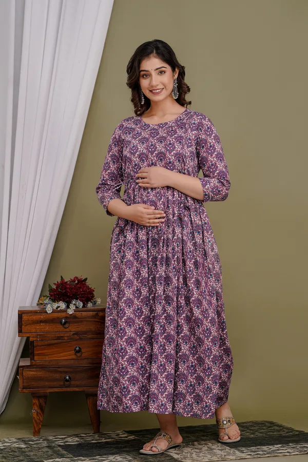 Multi_blue_leave_cotton_maternity_and_feeding_kurti_Combo_Of_2