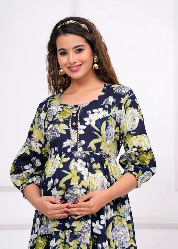 Multi_blue_leave_cotton_maternity_and_feeding_kurti_Combo_Of_2