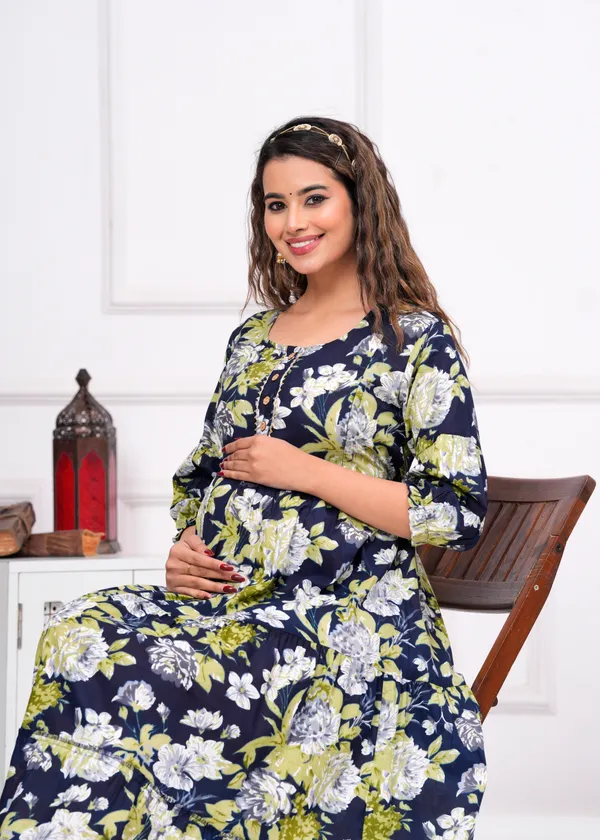 Multi_blue_leave_cotton_maternity_and_feeding_kurti_Combo_Of_2