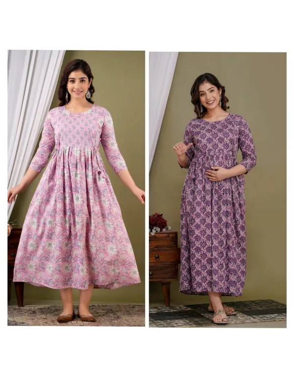 Multi_with_flower_cotton_maternity_and_feeding_kurti_Combo_Of_2