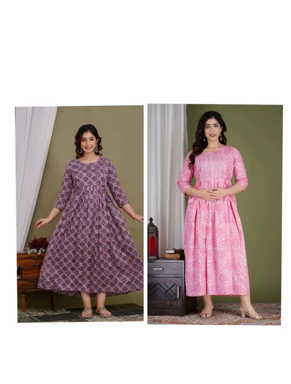 Multi_with_pink_cotton_maternity_and_feeding_kurti_Combo_Of_2