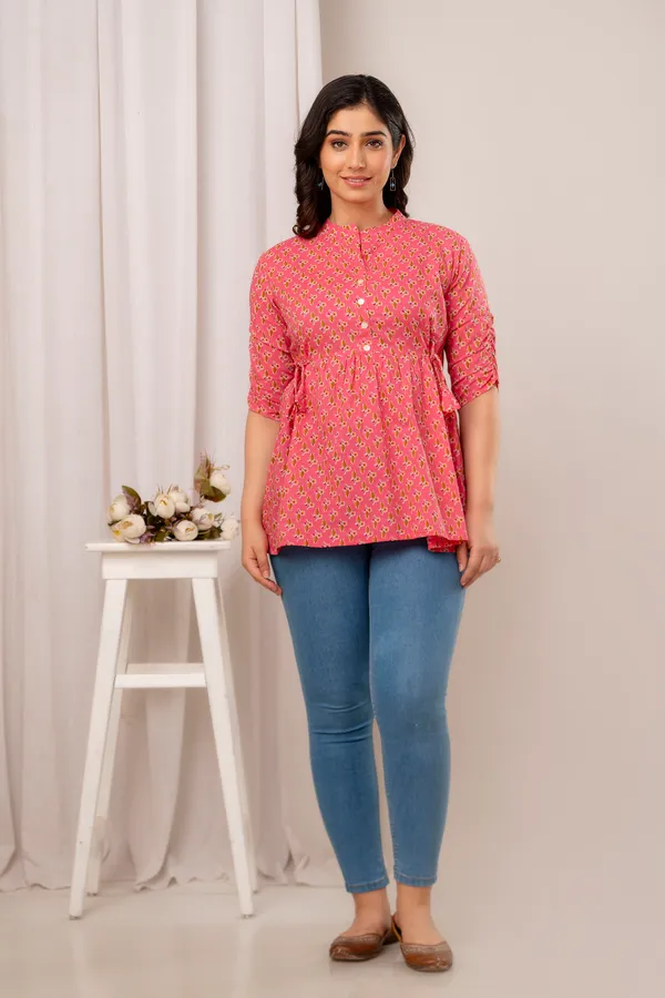 Pink_green_patti_Cotton_Printed_Short_Top