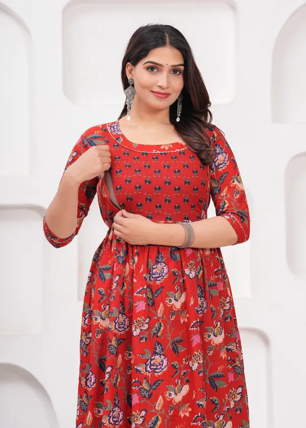 Red_multi_flower_cotton_maternity_and_feeding_kurti