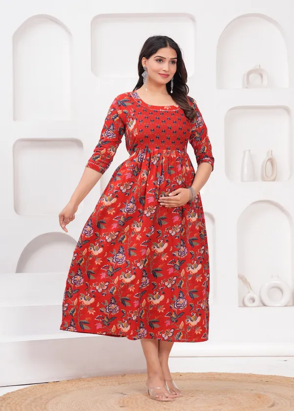 Red_multi_flower_cotton_maternity_and_feeding_kurti