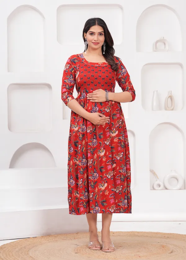 Red_multi_flower_cotton_maternity_and_feeding_kurti