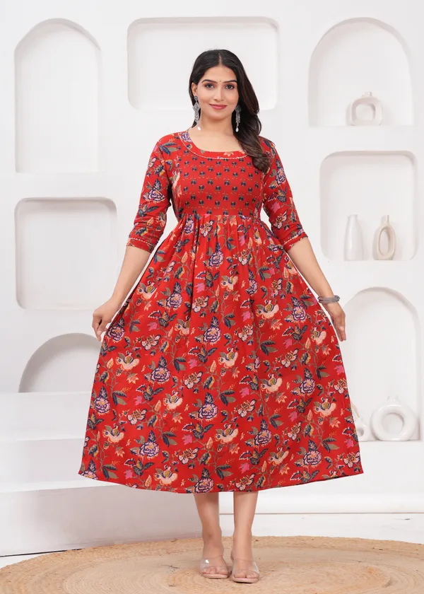 Red_multi_flower_cotton_maternity_and_feeding_kurti