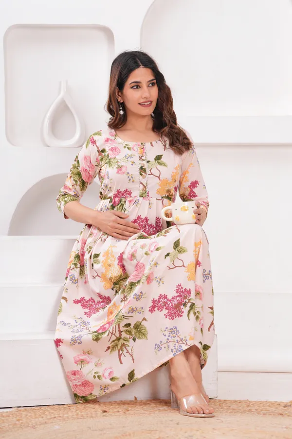 White_multi_flower_cotton_maternity_and_feeding_kurti
