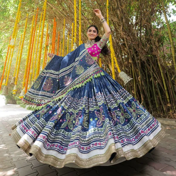Blue_Lehngha_Choli_With_Mirror_Work_And_Attached_Blue_Dupatta_With__Blouse_Piece