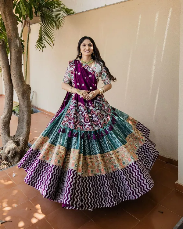 Wine_Or_Green_Lehngha_With_Wine_Real_Mirror_Work_Ziblon_Dupatta_With_Blouse_Piece