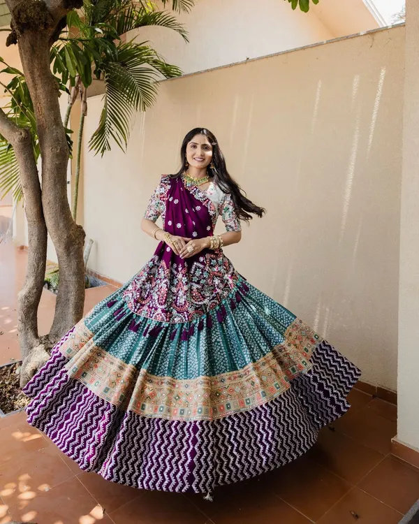 Wine_Or_Green_Lehngha_With_Wine_Real_Mirror_Work_Ziblon_Dupatta_With_Blouse_Piece