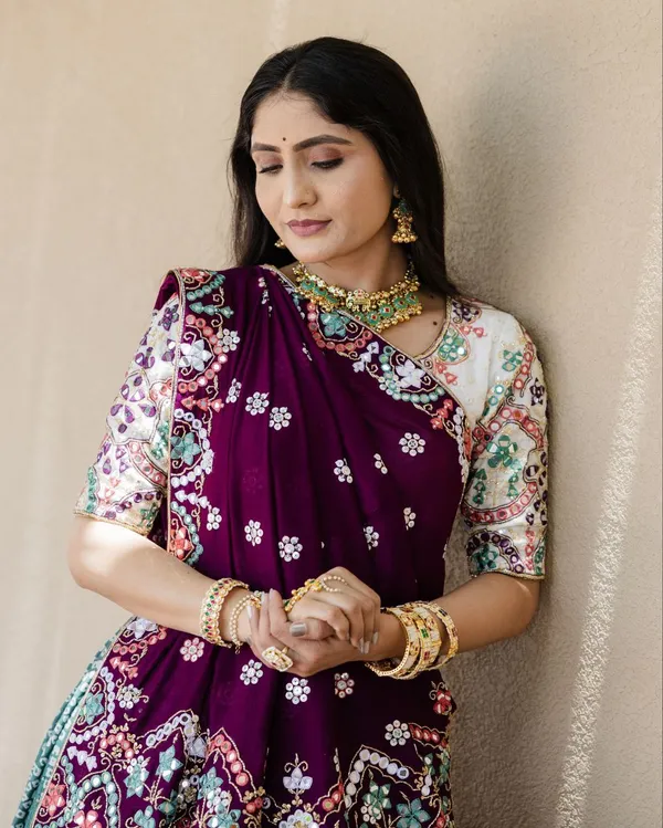 Wine_Or_Green_Lehngha_With_Wine_Real_Mirror_Work_Ziblon_Dupatta_With_Blouse_Piece