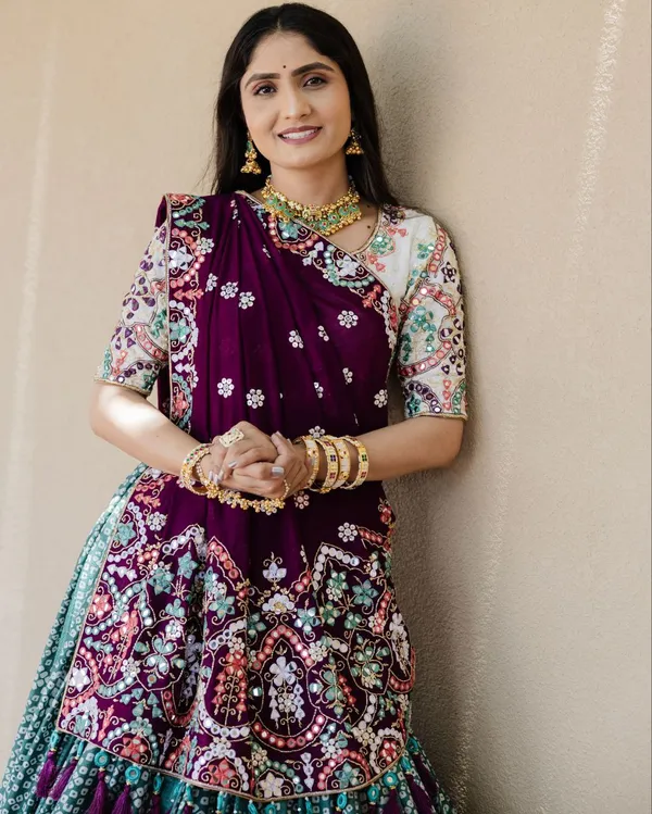 Wine_Or_Green_Lehngha_With_Wine_Real_Mirror_Work_Ziblon_Dupatta_With_Blouse_Piece