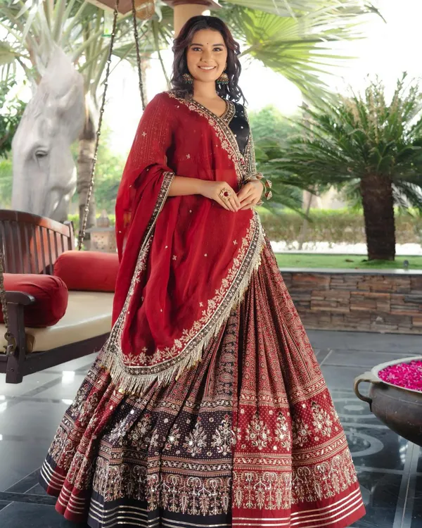 Red_And_Black_Designer_Lehngha_Real_Mirror_Work_With_Dupatta_And__Blouse_Piece