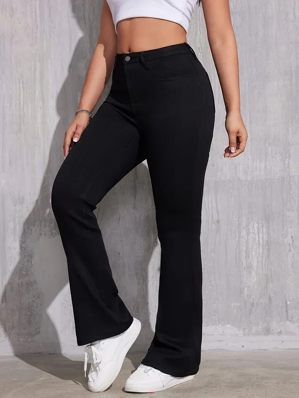 Stretchy_High-Waisted_Boot_Leg_Jeans_With_Black_Solid_Color_Flare_Pant