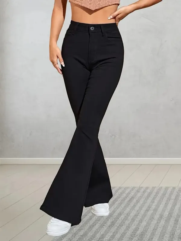 Stretchy_High-Waisted_Boot_Leg_Jeans_With_Black_Solid_Color_Flare_Pant