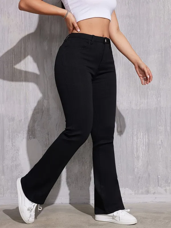 Stretchy_High-Waisted_Boot_Leg_Jeans_With_Black_Solid_Color_Flare_Pant