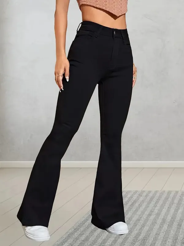 Stretchy_High-Waisted_Boot_Leg_Jeans_With_Black_Solid_Color_Flare_Pant