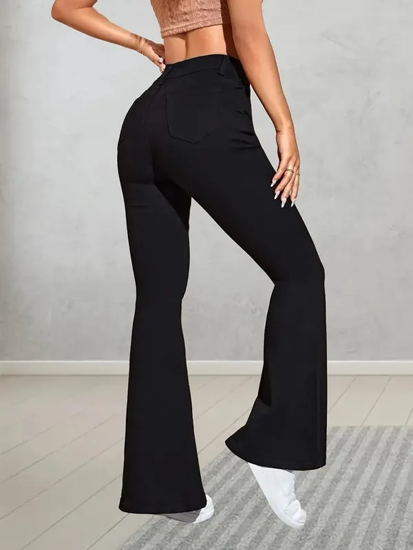 Stretchy_High-Waisted_Boot_Leg_Jeans_With_Black_Solid_Color_Flare_Pant